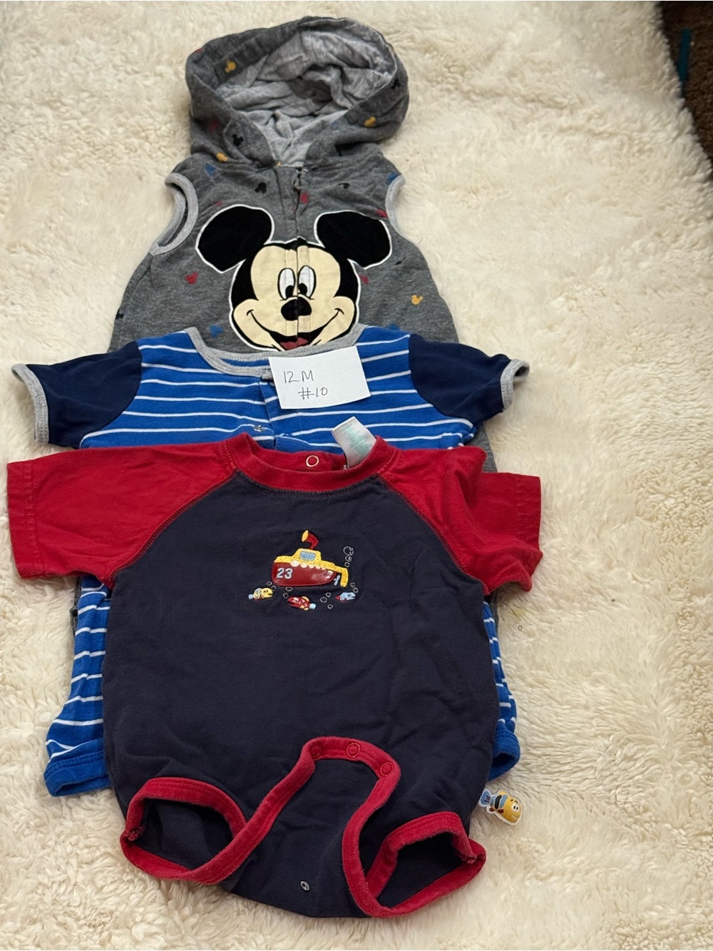 Disney Mickey Mouse Gray Hooded One-Piece with Blue & Red Bodysuits - 3-Pack